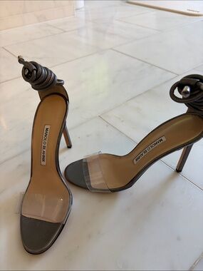 Manolo Blahnik MetalGray Leather Ankle-Tie Stiletto Sandals with Clear Toe Strap